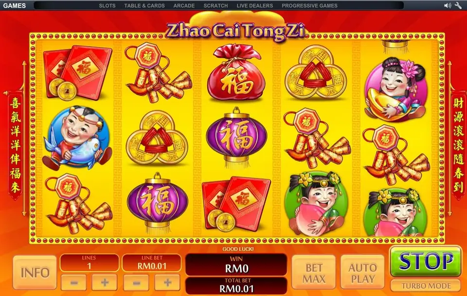 Zao Chai Tong Zi with the boy and his fish on reel 1, the green-framed peach girls on reels 4 and 5 and red packets, lanterns and firecrackers, one line at RM0.01