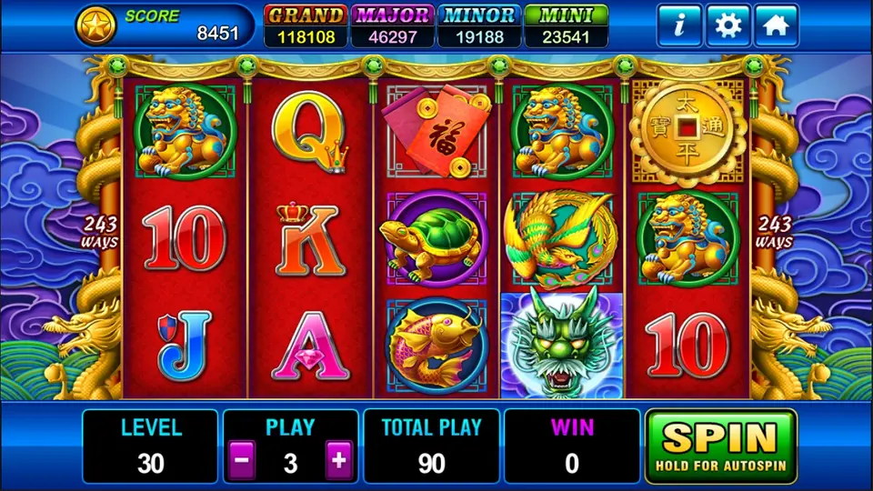 Dragons Legend reels on Play8oy with lion statues, a red envelope, a turtle, a golden koi, a phoenix, a green dragon head and a gold coin, LEVEL 30 and PLAY 3