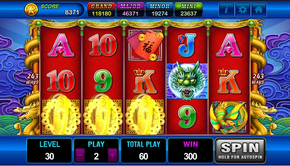Dragons Legend with three large gold coins on the first three reels, a dragon head on reel four and a WIN of 300