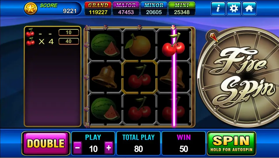 Fire Spin with four cherries on the grid, a vertical line through reel three, the prize list showing 10 and 40, and a WIN of 50
