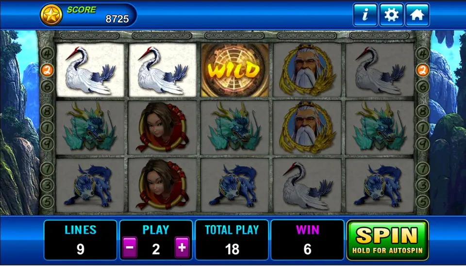 Fong Shen win of 6 with two cranes and a WILD on line 2, PLAY 2