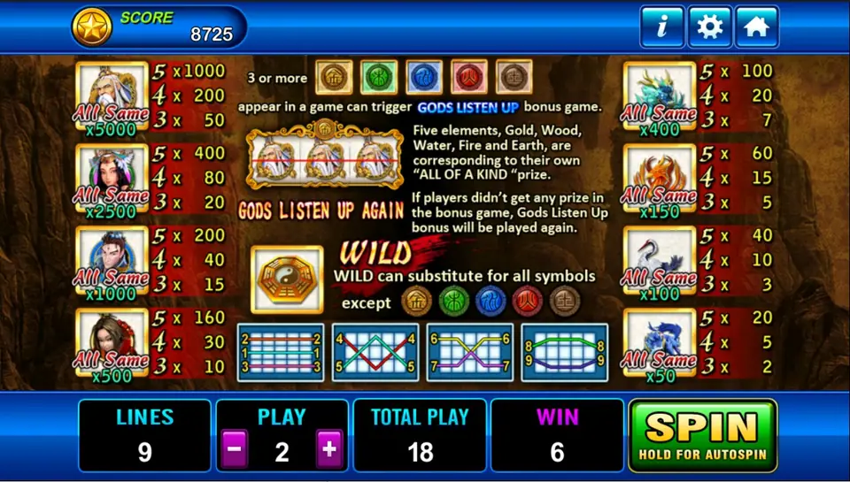 Fong Shen pay table with the sage at 1000 and All Same x5000, the element coins, the Gods Listen Up rules and the yin yang wild