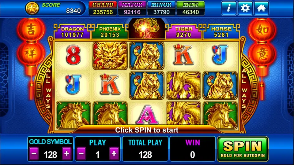 Fortune Tree reels on Play8oy with a gold dragon, gold tigers, a gold phoenix and gold horses, DRAGON, PHOENIX, TIGER and HORSE jackpots above, GOLD SYMBOL 128