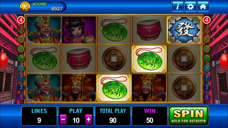 God of Wealth win of 50 on line 4 with jade pendants lit on reels three and four and a blue 發 on reel five, PLAY 10