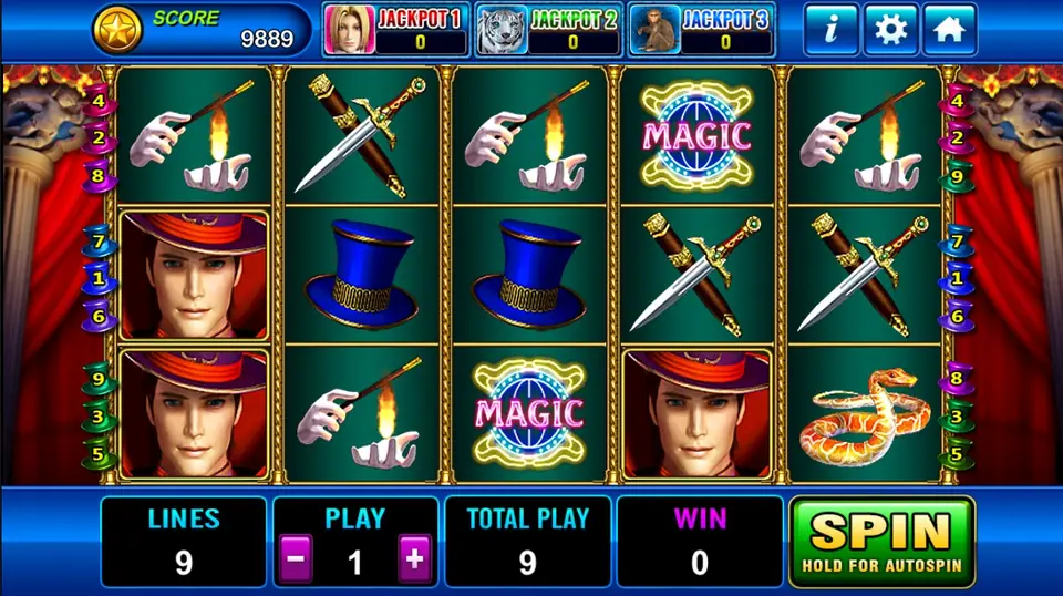 The Magician Plus on Play8oy with the magician, MAGIC signs, daggers, top hats, a snake and white gloves holding a wand and candle, 9 lines at PLAY 1
