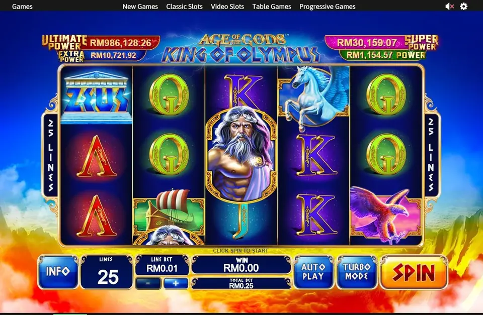 Age of the Gods King of Olympus on Rollex11 with Zeus on reel 3, a ZEUS temple block, Pegasus, an eagle and a ship, 25 lines at RM0.01