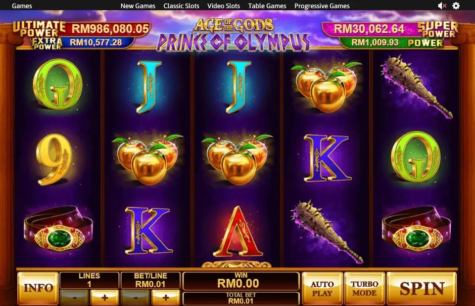 Prince of Olympus on Rollex11 with golden apples, spiked clubs, jewelled belts and card letters under four Power jackpot meters, 1 line at RM0.01