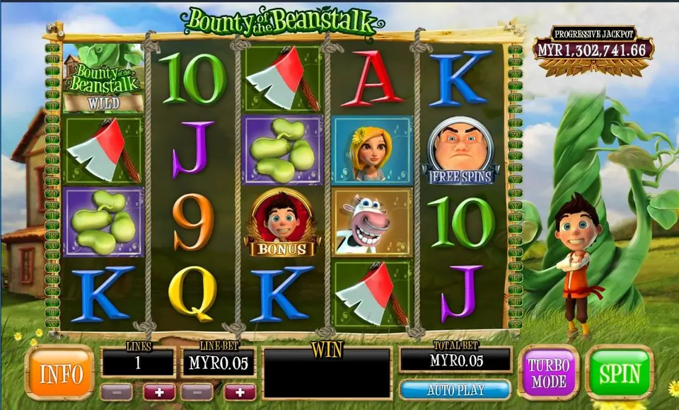 Bounty of the Beanstalk on Rollex11 with an axe, magic beans, a cow, a girl, the Giant FREE SPINS and Jack BONUS symbols, progressive jackpot MYR1,302,741.66