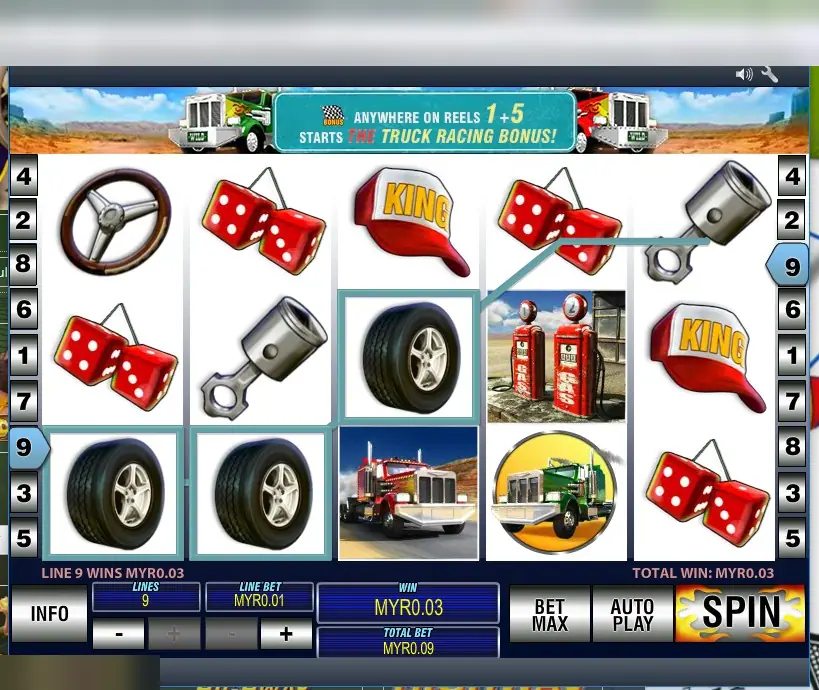Highway Kings Pro on Rollex11 with steering wheels, fuzzy dice, a KING cap, pistons, fuel pumps and three tyres winning MYR0.03 on line 9