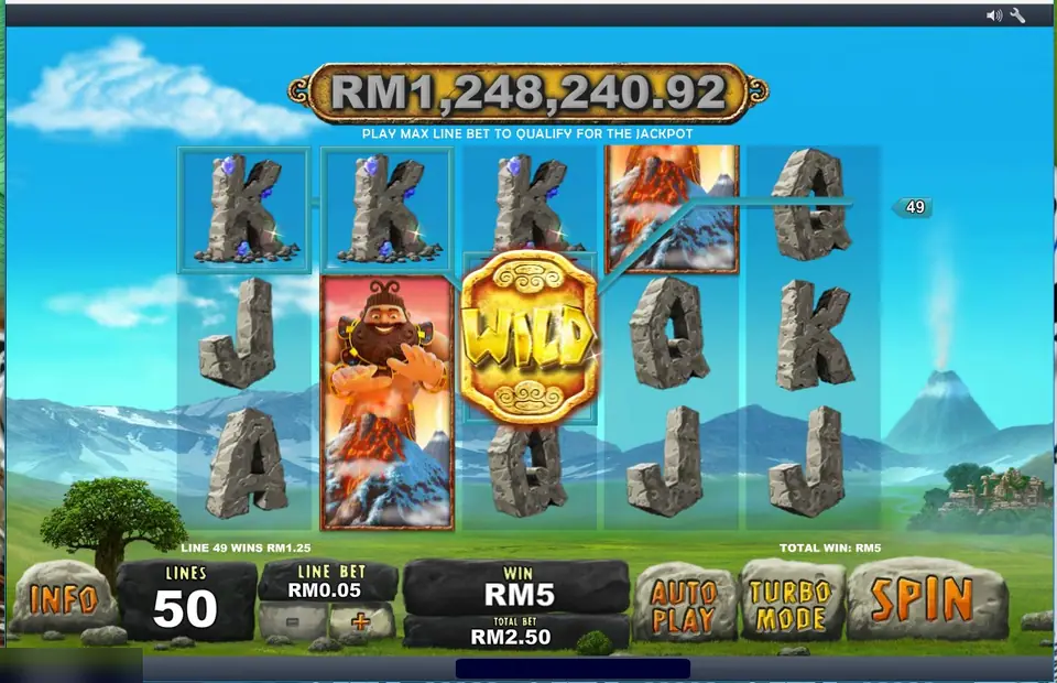 Jackpot Giant with a stacked giant on reel 2 and a WILD on reel 3, line 49 wins RM1.25, total win RM5