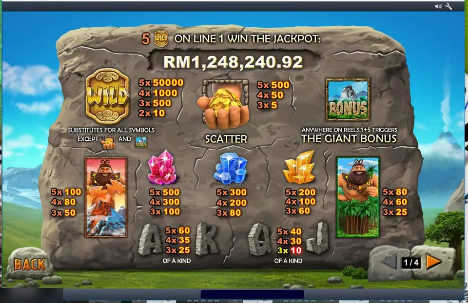 Jackpot Giant pay table: 5 wilds on line 1 win the jackpot, wild 50000, coin hand scatter 500, volcano bonus on reels 1 and 5, crystals up to 500