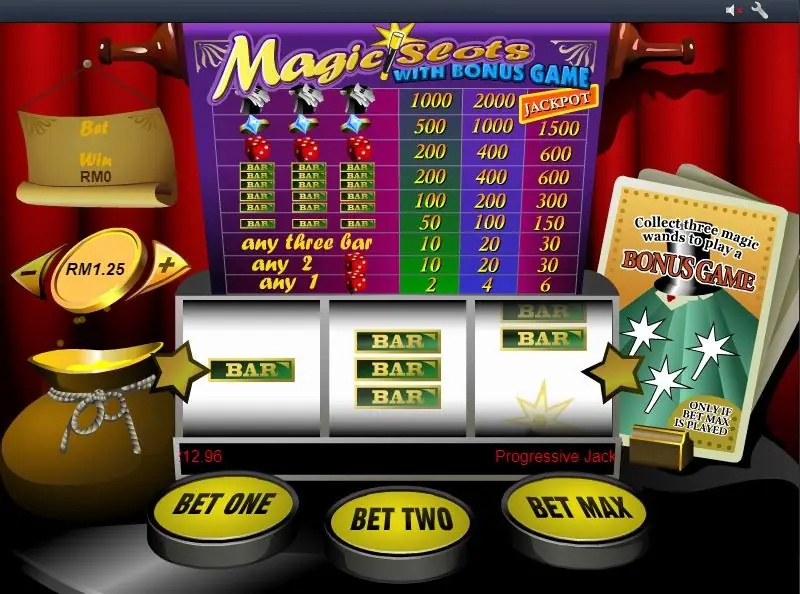 Magic Slots with Bonus Game on Rollex11: pay table above three reels showing bars, a coin of RM1.25 and BET ONE, BET TWO and BET MAX buttons