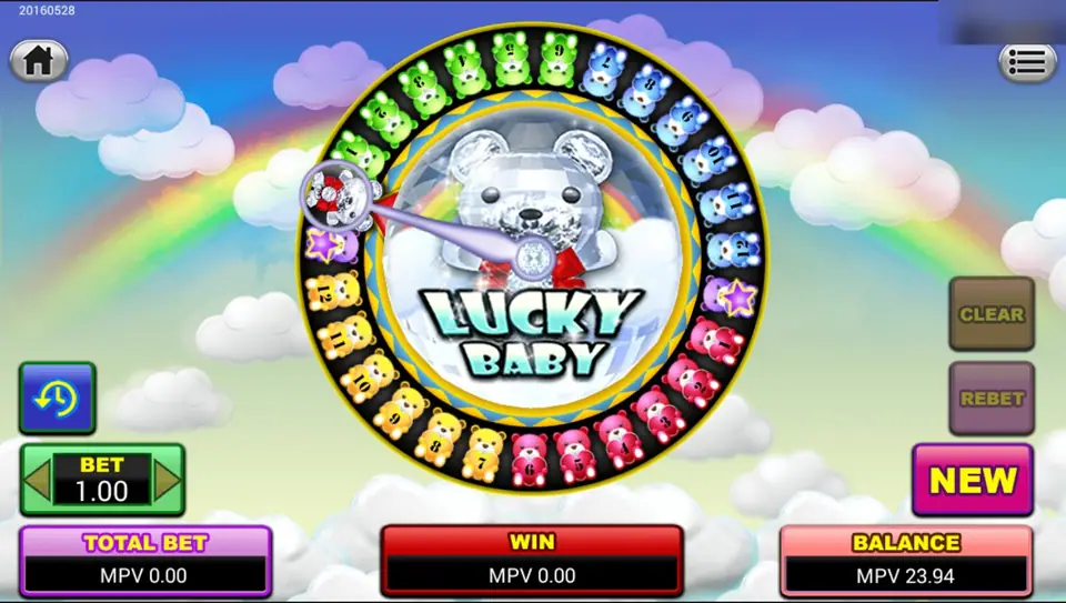 Lucky Baby wheel on Sky777: numbered teddy bears in green, blue, pink and yellow around a crystal bear, with BET 1.00 and a NEW button