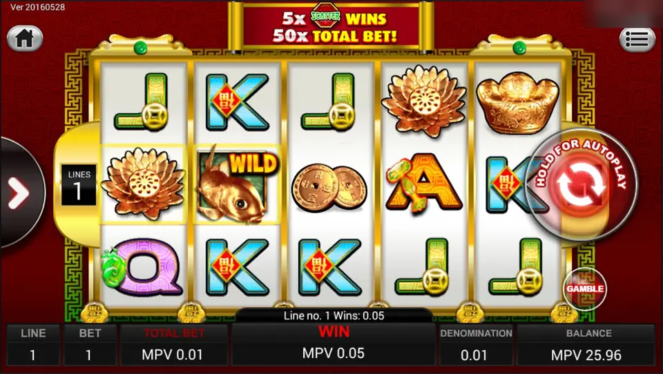 Lucky Koi on Sky777: a golden lotus and the koi wild win MPV 0.05 on line 1, under a banner for 5 scatters paying 50x total bet