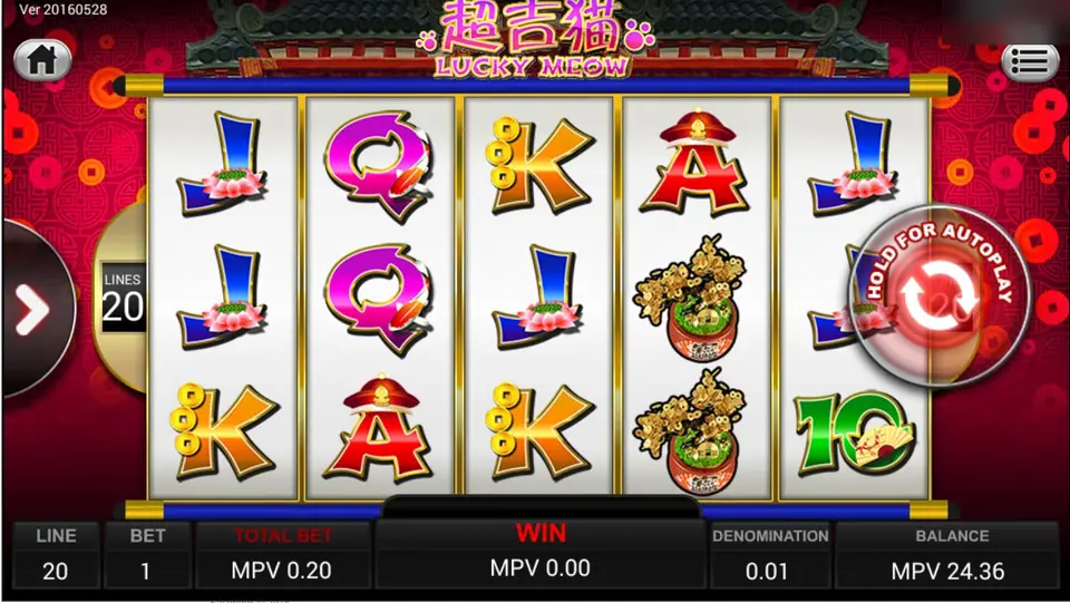 Lucky Meow on Sky777 with card symbols and a pot of gold blossoms on the reels, 20 lines at a total bet of MPV 0.20