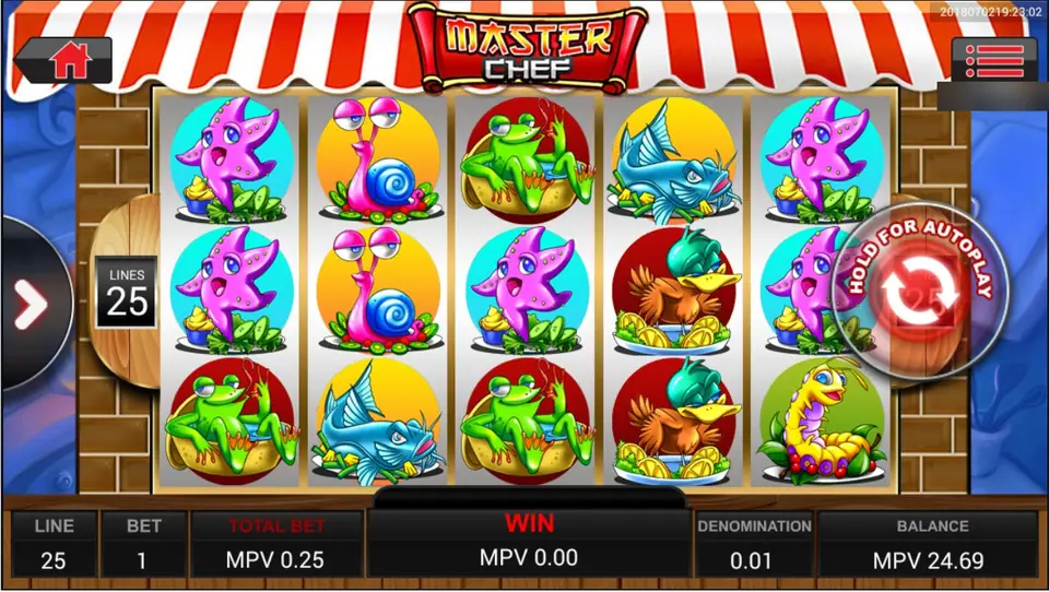 Master Chef on Sky777 with a starfish, snail, frog, catfish, duck and caterpillar served as dishes, 25 lines at MPV 0.25
