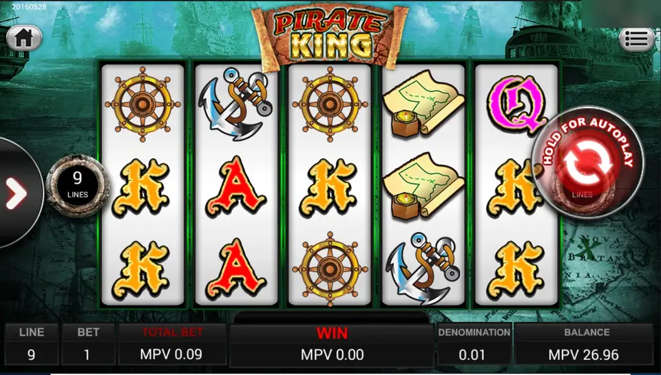 Pirate King on Sky777 with ship's wheels, anchors, a treasure map and K and A symbols, 9 lines at MPV 0.09