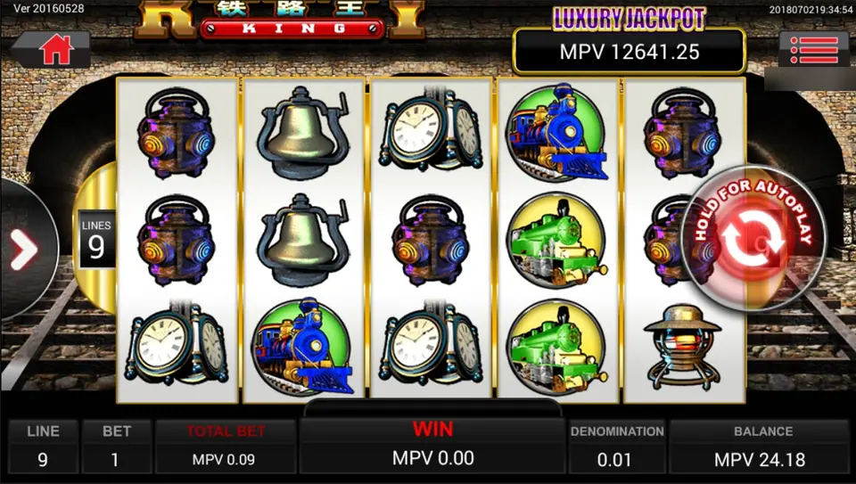 Railway King on Sky777 with lanterns, a bell, station clocks and steam locomotives, 9 lines at MPV 0.09 under the Luxury Jackpot